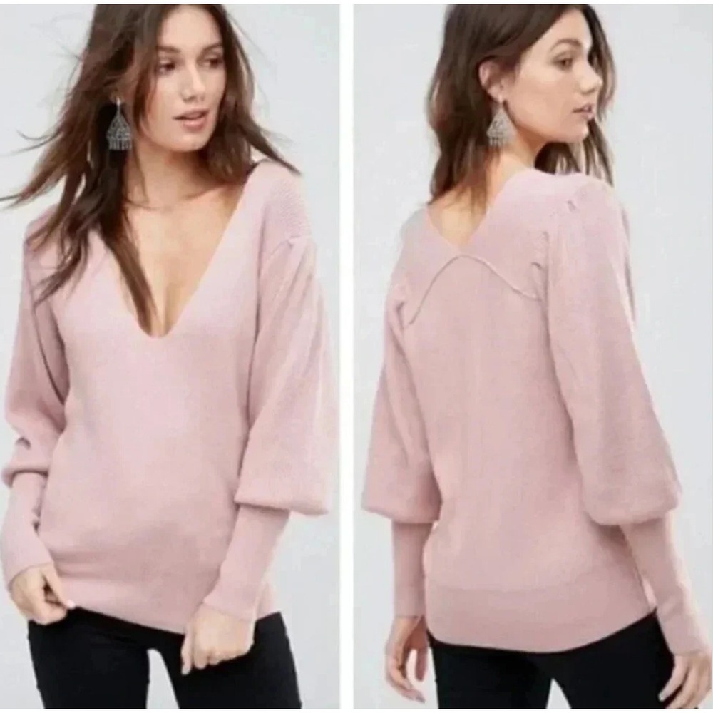 Free People Women's Medium M Sweater Blouse V Neck Pink Blush Pullover Tunic Top
